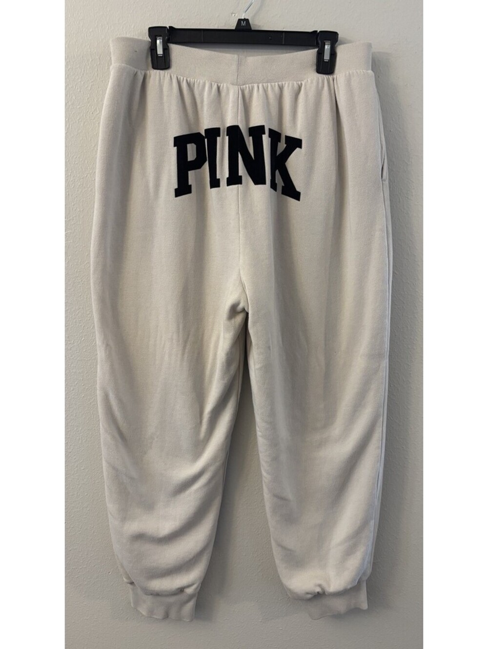 Victoria Secret PINK Women's Cream Sweatpants Pants Fleece Lined Velvet Logo XL